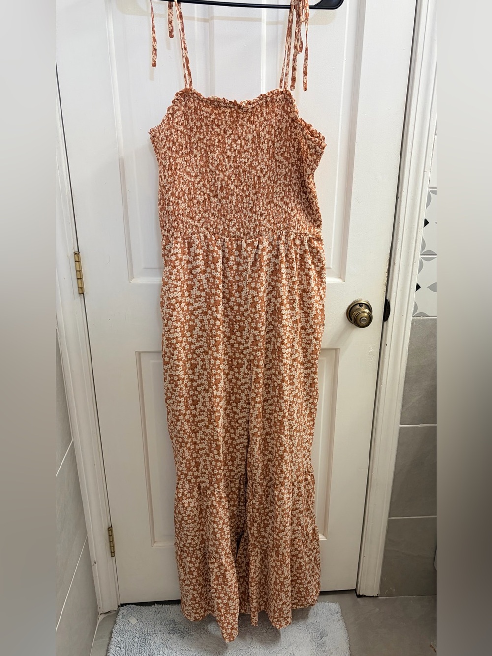 SHEIN Rust Floral Smocked Wide-Leg Jumpsuit